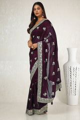Women's Purple Tussar Embroidered Saree With Stone Work