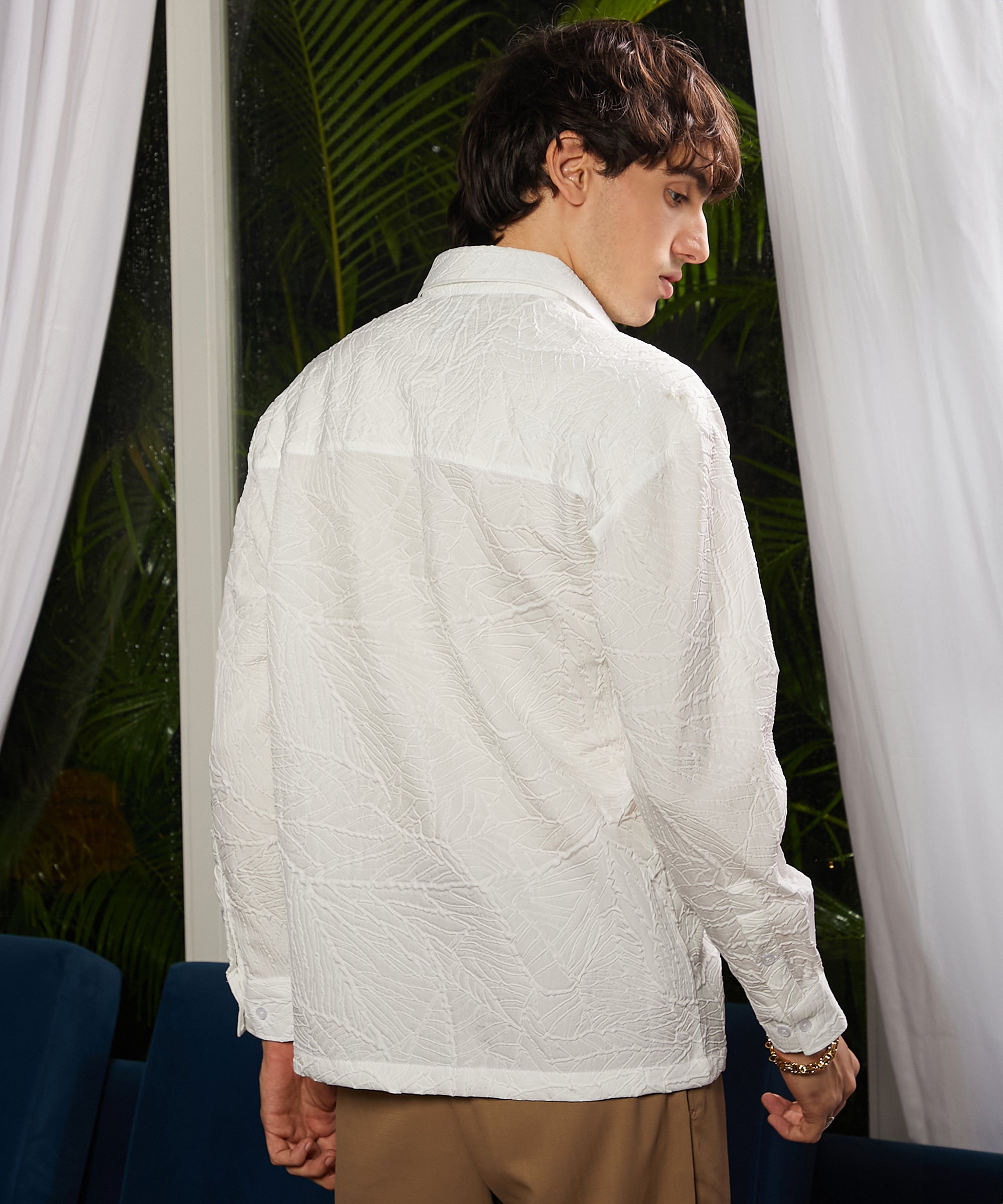Men's Ivory White Foliage-Tactile Shacket