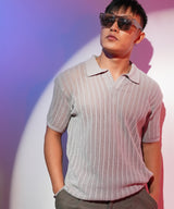 Men's Ash Grey Stripe-Textured Polo Tshirt