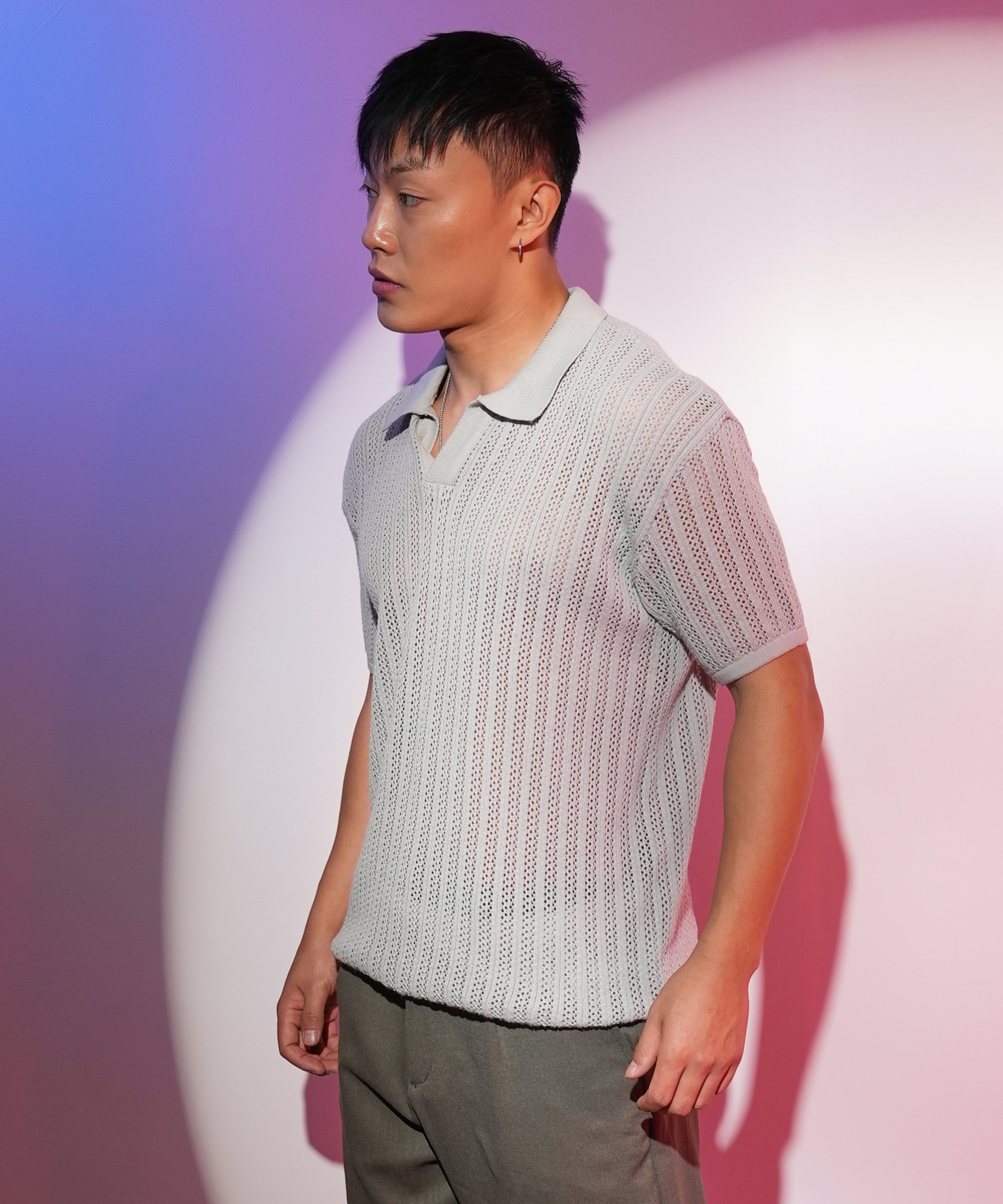 Men's Ash Grey Stripe-Textured Polo Tshirt