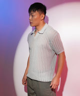 Men's Ash Grey Stripe-Textured Polo Tshirt