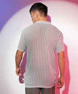 Men's Ash Grey Stripe-Textured Polo Tshirt
