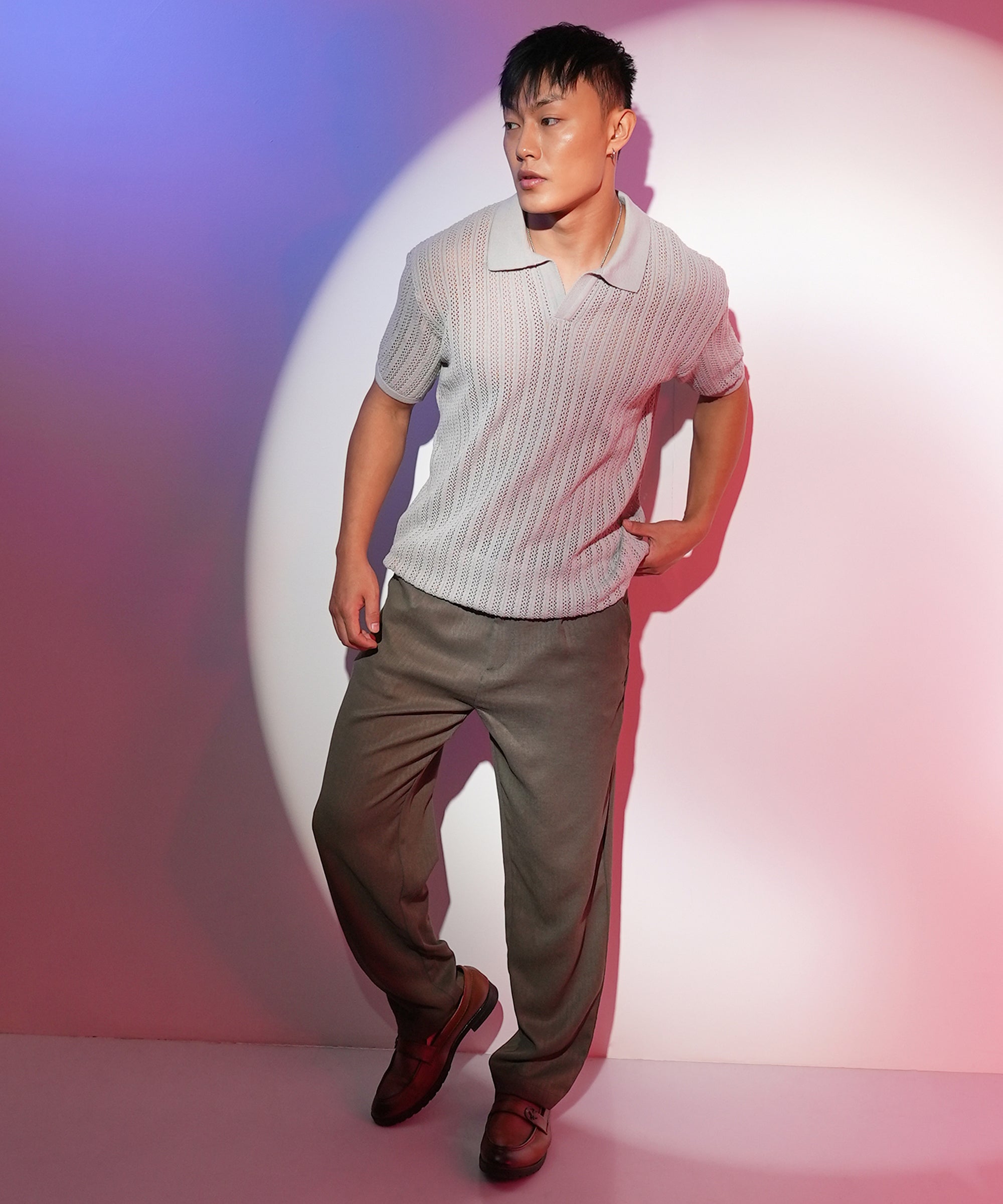 Men's Ash Grey Stripe-Textured Polo Tshirt