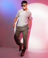 Men's Ash Grey Stripe-Textured Polo Tshirt