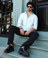 Men's Sky Blue Casual Pincandy-Striped Regular Full Sleeve Shirt