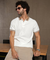 Men's Cream White Cuboid-Stripe Polo Tshirt