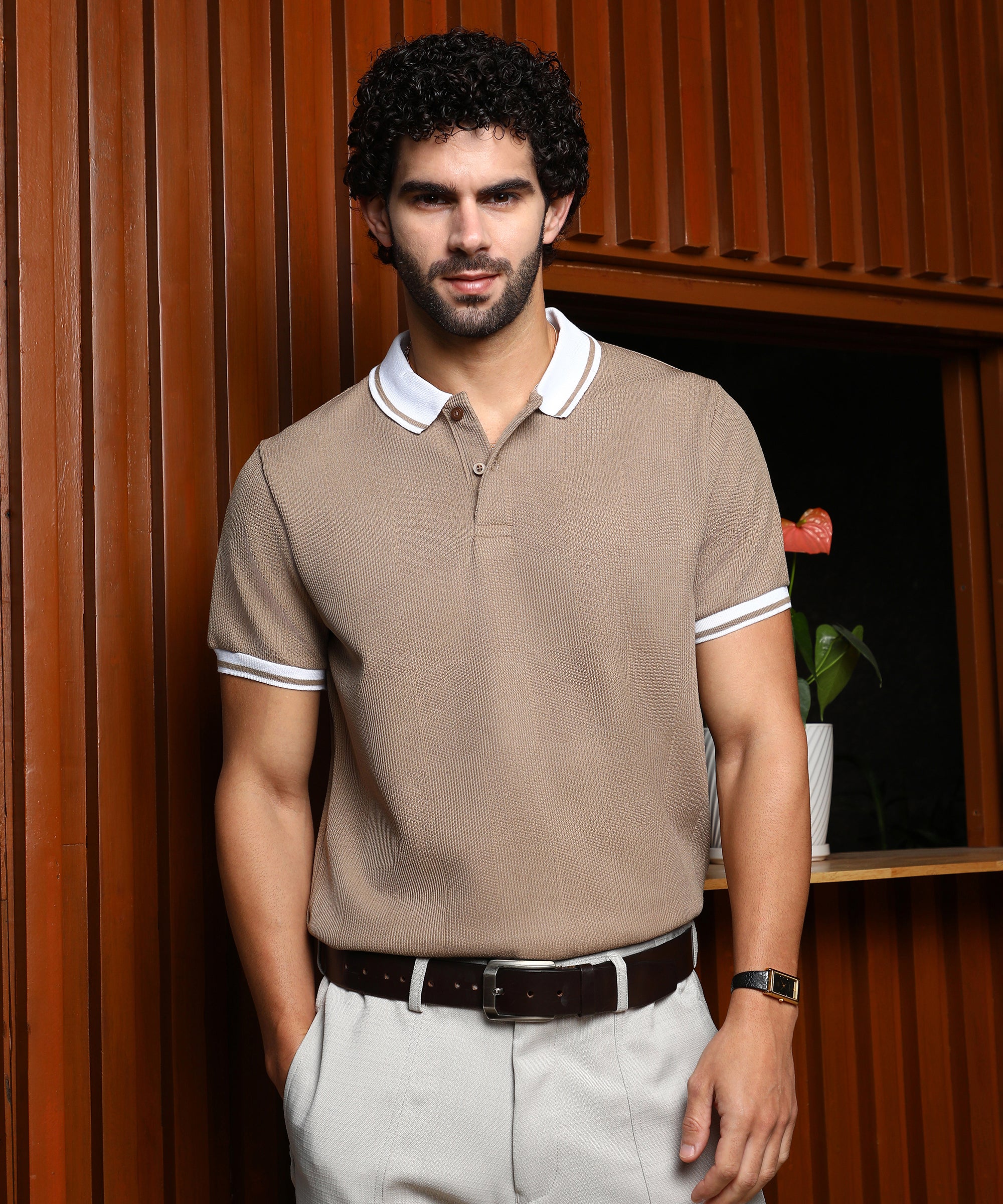 Men's Sand Beige Cuboid-Stripe Polo Tshirt