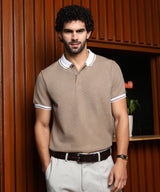 Men's Sand Beige Cuboid-Stripe Polo Tshirt