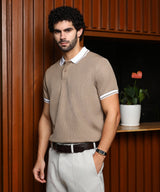 Men's Sand Beige Cuboid-Stripe Polo Tshirt
