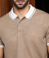 Men's Sand Beige Cuboid-Stripe Polo Tshirt