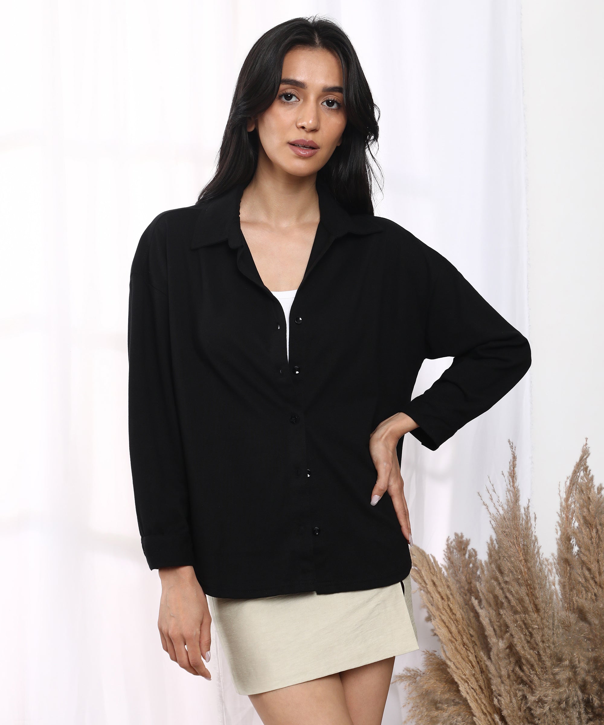 Women's Obsidian Black Solid Boxy Shirt