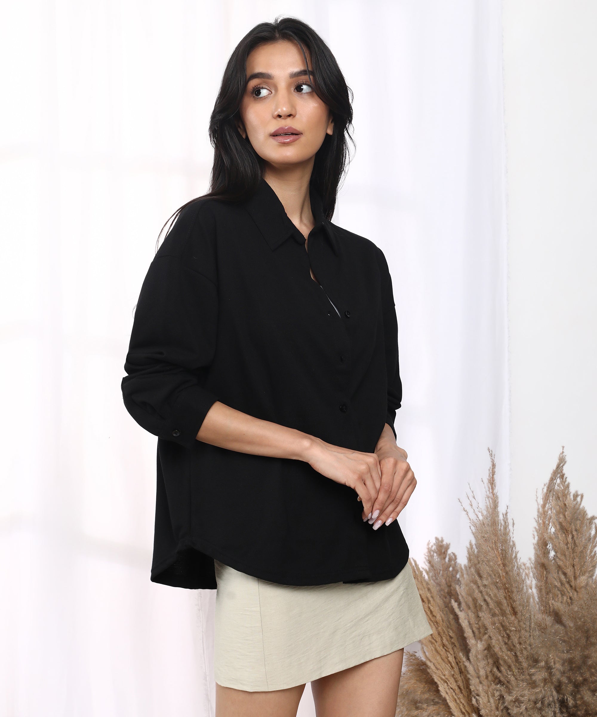 Women's Obsidian Black Solid Boxy Shirt