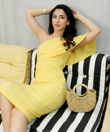 Women's Solid Yellow One-Shoulder With Ruffle Detail Dress
