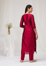 Women's Red Threadwork Raw Silk Readymade Salwar Suit