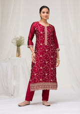 Women's Red Threadwork Raw Silk Readymade Salwar Suit