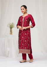 Women's Red Threadwork Raw Silk Readymade Salwar Suit