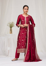Women's Red Threadwork Raw Silk Readymade Salwar Suit