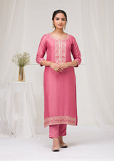 Women's Onion Pink Threadwork Raw Silk Readymade Salwar Suit