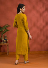 Women's Yellow Threadwork Raw Silk Readymade Salwar Suit