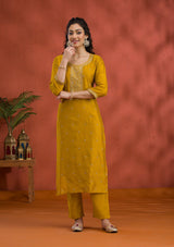 Women's Yellow Threadwork Raw Silk Readymade Salwar Suit