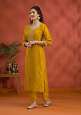 Women's Yellow Threadwork Raw Silk Readymade Salwar Suit
