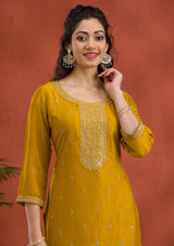 Women's Yellow Threadwork Raw Silk Readymade Salwar Suit