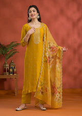 Women's Yellow Threadwork Raw Silk Readymade Salwar Suit