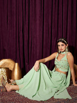 Women's Green Embellished Sequined Ready To Wear Lehenga & Blouse With Dupatta