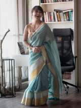 Women's Blue Mul Cotton Saree
