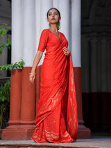 Women's Red Cotton Viscose Saree