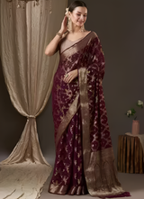 Women's Georgette Purple Woven Design Designer Saree with Blouse Piece