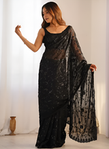 Women's Georgette Black Embellished Designer Saree with Blouse Piece