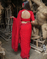 Women's Red Viscose Organza Saree