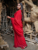 Women's Red Viscose Organza Saree