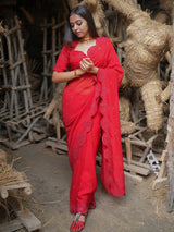 Women's Red Viscose Organza Saree