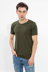 Men's Olive Casual Solid Raw Edge Slim Fit Half Sleeves T-Shirt