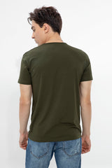 Men's Olive Casual Solid Raw Edge Slim Fit Half Sleeves T-Shirt