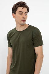 Men's Olive Casual Solid Raw Edge Slim Fit Half Sleeves T-Shirt