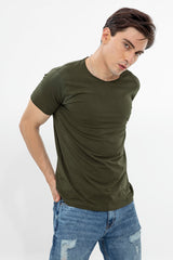 Men's Olive Casual Solid Raw Edge Slim Fit Half Sleeves T-Shirt