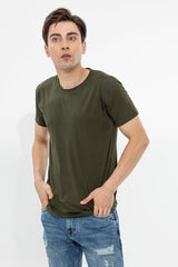 Men's Olive Casual Solid Raw Edge Slim Fit Half Sleeves T-Shirt