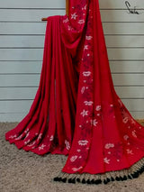 Women's Red Mul Cotton Saree