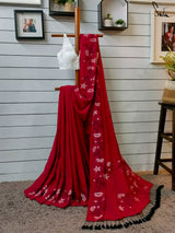 Women's Red Mul Cotton Saree