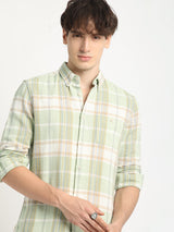 Men's Green Casual Slim Fit Checked Full Sleeves Shirt