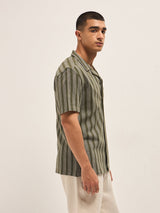 Men's Olive Casual Regular Fit Striped Half Sleeves Shirt