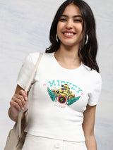 Women's White Casual Graphic Regular Fit Half Sleeves Tshirt
