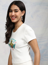 Women's White Casual Graphic Regular Fit Half Sleeves Tshirt