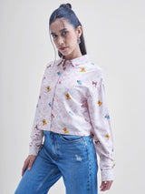 Women's White Casual Printed Oversized Fit Full Sleeves Shirt