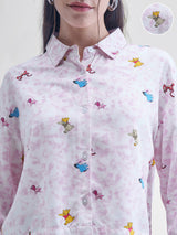 Women's White Casual Printed Oversized Fit Full Sleeves Shirt