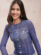 Women's Blue Casual Self Design Regular Fit Half Sleeves Top