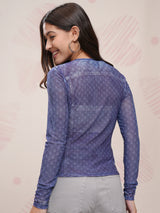 Women's Blue Casual Self Design Regular Fit Half Sleeves Top
